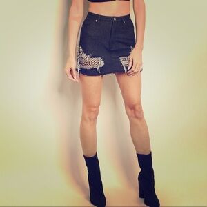 NWT Womens Black Denim High Waist Skirt Fishnet Detail Sexy Club Party Mini